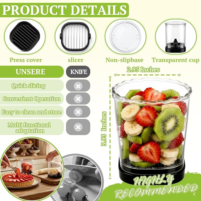Hendiy Strawberry Slicer, Black, 1-Pack | Stainless Steel Blades, Egg & Fruit Slicer Cup, For Banana, Cucumber, Mushroom, ABS Detachable, Precision Berry Cutter Tool