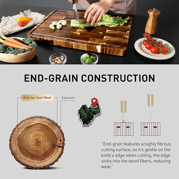 Extra Large End Grain Cutting Board for Kitchen with Non-slip Feet, Acacia Wood Heavy Duty Checkered Cutting Board with Juice Groove & Handle Handcrafted Luxury Chopping Board for Meat, Vegetables