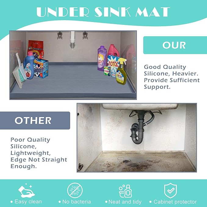 URMONA Waterproof Silicone Under Sink Mat 34'' x 22'' Shelf Liner for Kitchen and Bathroom, Cabinet and Counter Protector, Storage and Organizers, Litter Mat, Pet Cat Puppy Essentials(Cream)