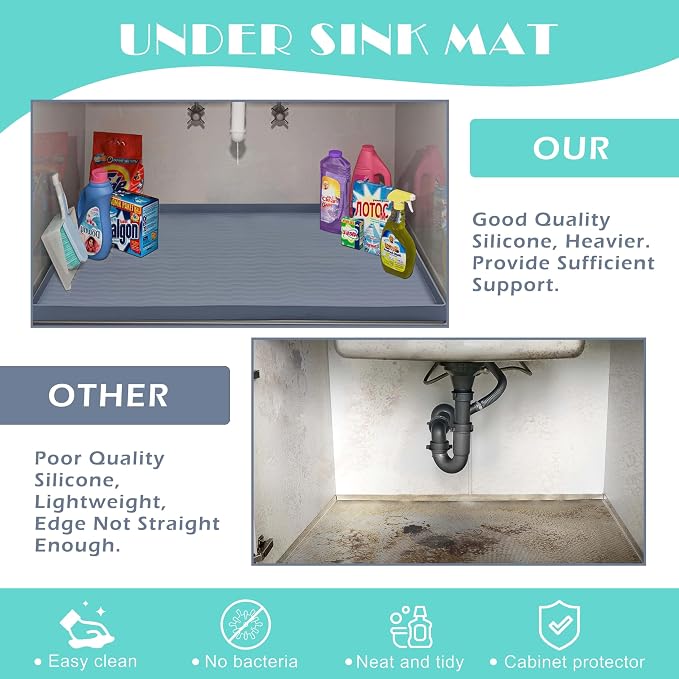 URMONA Waterproof Silicone Under Sink Mat 37'' x 22'' Shelf Liner for Kitchen and Bathroom, Cabinet and Counter Protector, Storage and Organizers, Litter Mat, Pet Cat Puppy Essentials(Dark Grey)
