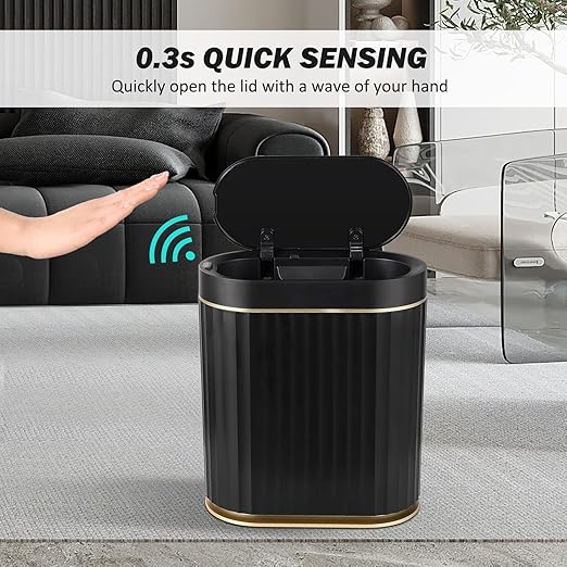 ELPHECO Black Bathroom Trash Can with Lid 2 Gallon Sensor Trash Bin, Automatic Narrow Garbage Can, Waterproof Smart Trash Can, Slim Motion Sensor Waste Bins for Bathroom, Living Room, Office | Automatic Garbage Can, IPX5 Waterproof Plastic Wastebasket,...