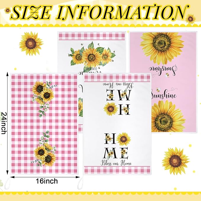 4 Pcs Sunflower Kitchen Towels Pink White Hand Dish Towels Gifts | Absorbent Sunshine Grid Fast Drying Decor Housewarming Gift for Cooking Bathroom Kitchen Decor