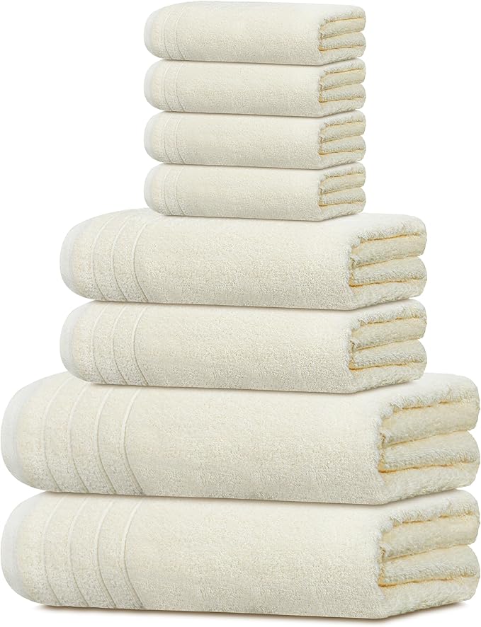 8 Piece Towel Set, 2 XL Bath, 2 Hand, 4 Washcloth, Cream | 100% Cotton, Lighter Weight, Quicker to Dry, Super Absorbent, Perfect for Bathroom