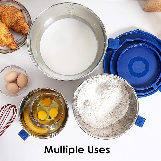 Stainless Steel Mixing Bowls Set with Lids,1.5,3 & 5 Qt,Blue | Non-Slip Silicone Base,Precision Pour Spout,Ergonomic Easy-Grip Handle,Measurement Marks,Airtight Lids,Cooking & Meal Prep
