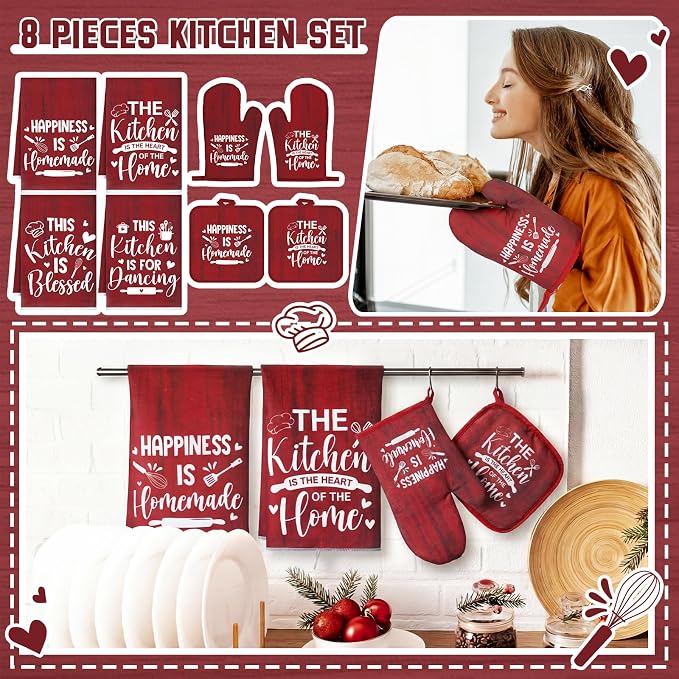 Leinuosen 8 Pcs Kitchen Towels and Oven Mitts Sets Pot Holders Dishcloths Set Kitchen Decorative Accessories Absorbent Potholders Heat Resistant for Chef Baking Cooking