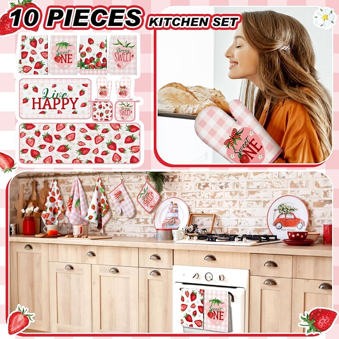 Fourluoo 10 Pcs Strawberry Kitchen Decor Sets 4 Pink Plaid Kitchen Dish Towels 2 Cute Pot Holders 2 Oven Mitts Glove 2 Summer Non Slip Rugs and Mats for Floor Home Decorations Accessories Mom Gift