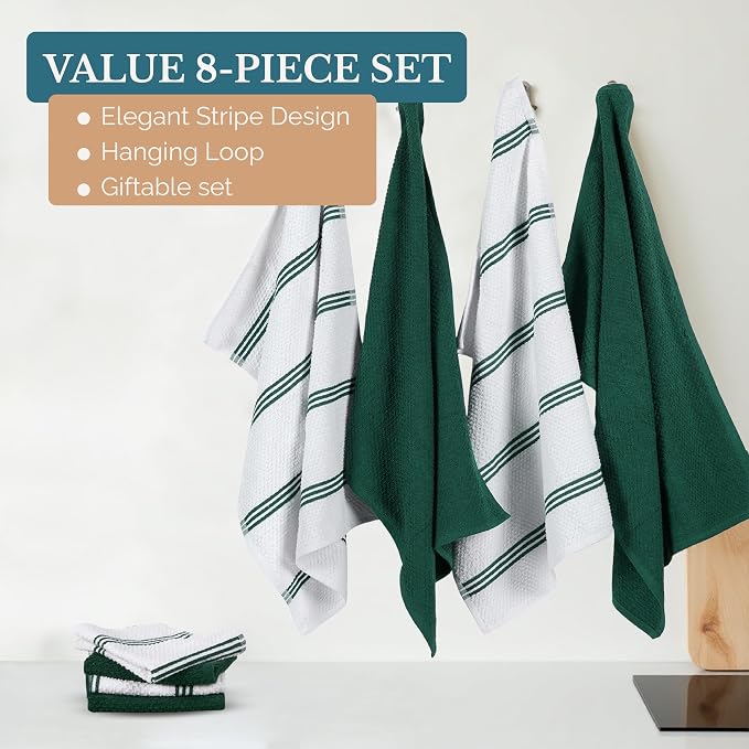Casa Platino Kitchen Towel Set 8 Pc - 4 Dish Cloths for Washing Dishes (13"x13") & Kitchen Towels (16"x26") - Cotton Rich, Soft, Absorbent Wash Rags, Quick Dry & Durable Tea Towels for Wiping - Olive.
