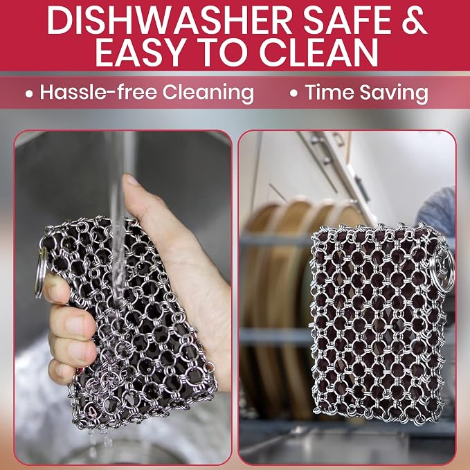 316L Cast Iron Scrubber Kit with Scraper Tool - Silicone Insert for Pan | Zylark Pan Cleaner Scrubber with Silicone Insert - Cast Iron Cleaning Kit - Chainmail Scrubber for Cookware
