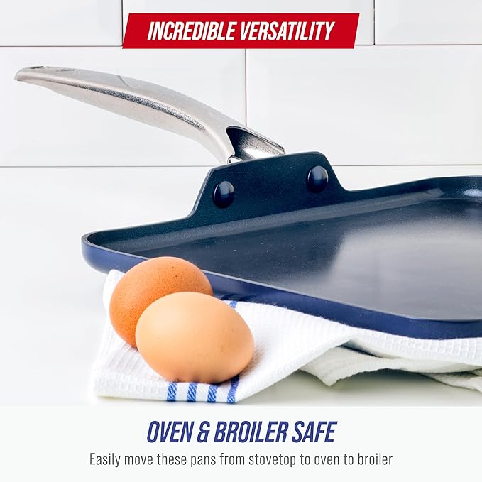 Blue Diamond 11" Diamond Infused Ceramic Nonstick Square Griddle Pan, Blue | PFAS-Free Ceramic Nonstick, Dishwasher & Oven Safe, Stay Cool Handle, Durable Metal Utensil Safe, Pancake Pan