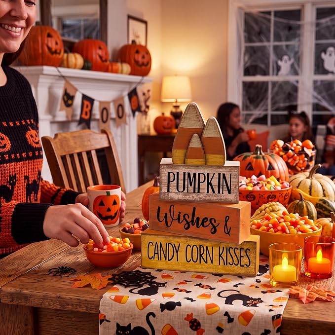 Lineshading 4 Pcs Fall Decoration For Home Wooden Candy Corn Stacked Blocks | Rustic Wood Blocks with Candy Corn Topper, Pumpkin Wishes Text, Tabletop Centerpiece for Thanksgiving Fall Home Decoration