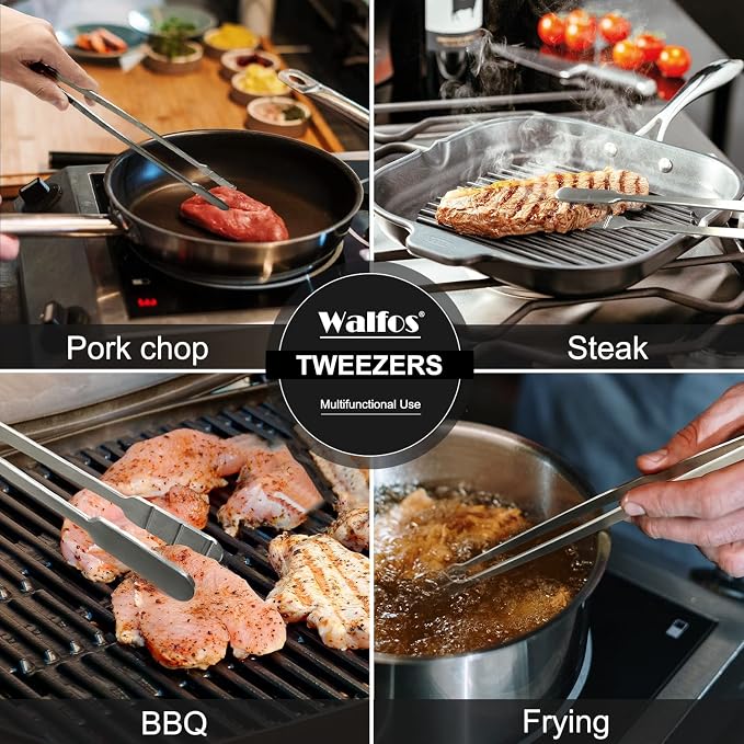 WALFOS Tweezer Tongs for Cooking, Kitchen Tweezers Stainless Steel Pasta Tweezers Tongs for Cooking, Roasting, Grabbing Small Objects, Dessert, BBQ, Spaghetti 3 Pcs (8+10+12-Inch)