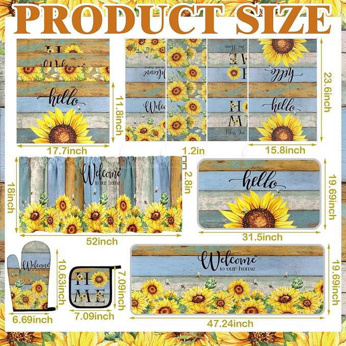 Fourluoo 16 Pcs Sunflower Kitchen Decor Set Kitchen Towels Non Slip Rugs and Mats Oven Mitts Gloves Pot Holders Placemats Curtains for Decor Gift