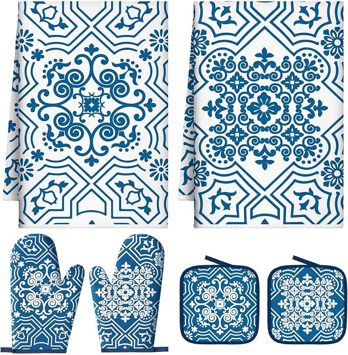 Jingmore 6 Pcs Kitchen Decor Set Accessory Farmhouse Kitchen Towels Pot Holders Oven Mitts Set 2 Dish Towels 2 Pot Holders 2 Cooking Mittens Oven Glove for Cooking (Blue,White,Chinoiserie Printed)
