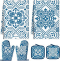 Jingmore 6 Pcs Kitchen Decor Set Accessory Farmhouse Kitchen Towels Pot Holders Oven Mitts Set 2 Dish Towels 2 Pot Holders 2 Cooking Mittens Oven Glove for Cooking (Blue,White,Chinoiserie Printed)