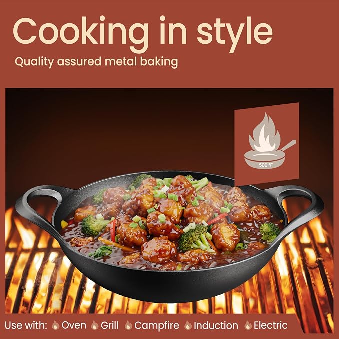 Bakken Pre-Seasoned Cast Iron Wok with Wooden Lid, 14" Stir Fry Pan for Gas, Electric, Induction & Open Fir, Heavy-Duty Flat Bottom Wok with Dual Handles for Even Heating & High-Heat Cooking, 8.8 lbs
