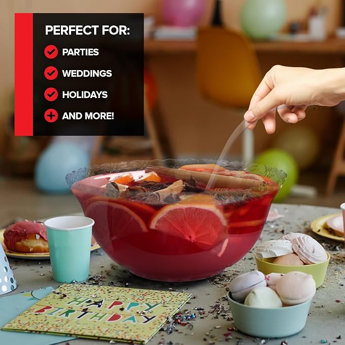 Stock Your Home Premium Plastic Punch Bowl with Ladle, Fancy Disposable Punch Bowls for Parties, Holidays, Schools, Halloween, and More, Quality Glass Like Appearance, Large Punch Bowl with Ladle Set