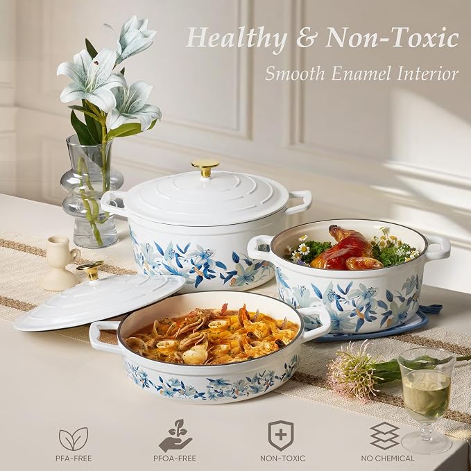 CAROTE 7QT Enameled Cast Iron Dutch Oven Pot with Lid, White & Blue | Sourdough Bread Baking with Cotton Potholders & Oven Gloves, Gift Box, Cookware for Braising, Oven Safe up to 500° F