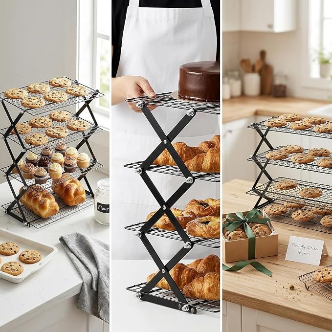 4-Tier Foldable Cooling Rack, Cooling Racks for Cooking and Baking, Baking Rack & Bread Rack for Cookies, Cakes, Breads, Space-Saving Design. (Black, 4-Tier)