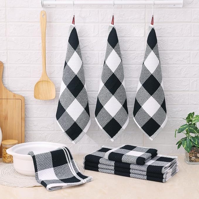 Homaxy Kitchen Towels and Dishcloths Set, Set of 8, White & Black | Bulk Cotton Waffle Weave Check Plaid Kitchen Towels, Super Soft and Absorbent Dish Cloths, 12 x 12 and 13 x 28 Inches