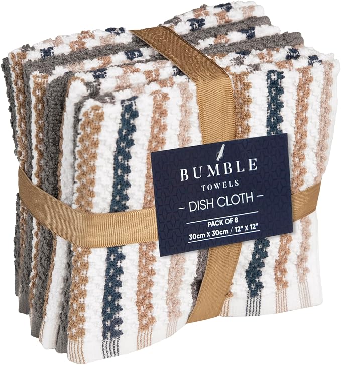 Bumble Dish Cloths 8-Pack, Cotton Kitchen Towels, 12"x12" Grey Wide Stripes | 430 GSM Soft Dish Towels for Kitchen, Highly Absorbent & Durable Kitchen Rags for Washing Dishes