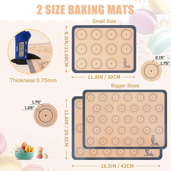 Silicone Baking Mat Macaron Set of 3-2 Half Sheet Liners 1 Quarter Sheet | Non Stick Silicon Cookie Oven Liner For Macaroons, Bake Pans, Pizza, Toaster, Cake and Bread Making (16.5x11.6, Grey)