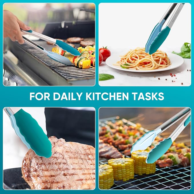 12-Inch Kitchen Tongs for Cooking with Silicone Tip,Turquoise | 600℉ Heat-Resistant,Stainless Steel Locking Cooking Tongs Food Tongs for BBQ/Cooking/Salad/Serving Food,Heavy Duty,Non-Stick