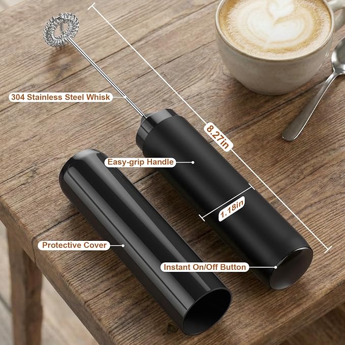 Rechargeable Milk Frother Handheld Electric Coffee Drink Mixer Wand with Stainless Steel Whisk and Portable Case for Cappuccino, Latte, Matcha, Hot Chocolate Black