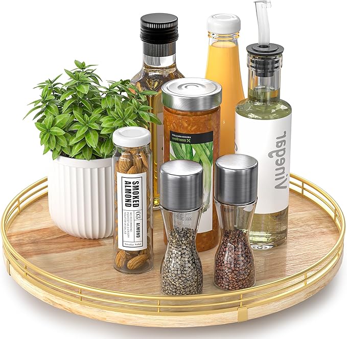 AMH 13-Inch Farmhouse Oak Lazy Susan Cabinet Organizer | Smooth rotating oak tray with walnut finish for dining tables, kitchen counters, pantries and cabinet storage.