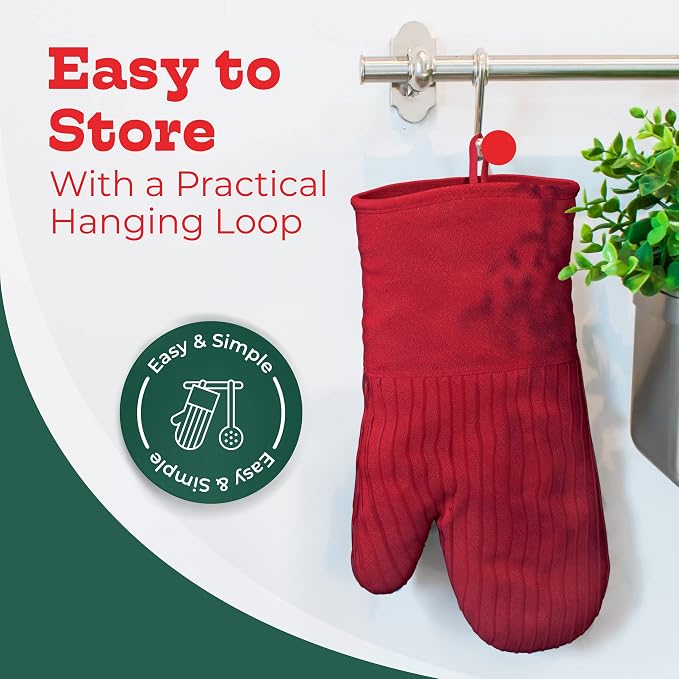 Silicone Oven Mitts - Red Set of 2-12.5" - Heat Resistant to 536 F / 280 C Kitchen Gloves - Professional Grade Protection Hot Cooking Baking