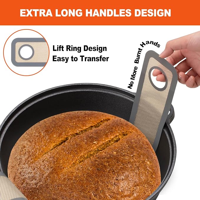 Silicone Bread Sling Dutch Oven - Best Japan Silicone. Non-Stick & Easy Clean Reusable Bread Baking Mat. With Extra Long Handles Bread Baking Sheet Liner, 2 Grey Set for Transferable Dough