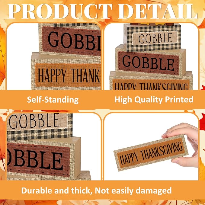 Lineshading 4 Pcs Fall Table Decorations Wooden Thanksgiving Turkey Decor | Turkey Tiered Tray Decor for Fall, Wooden Stacked Signs with Happy Thanksgiving Sayings, Rustic Autumn Tabletop Accents