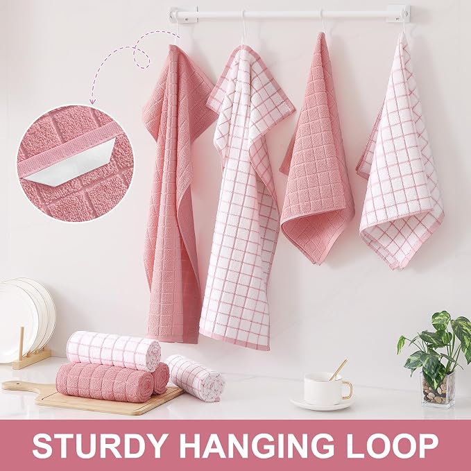Homaxy Large Premium Cotton Kitchen Towels 16"x 28", 4 Pack, Rose | Natural Ring Spun 390 GSM Dish Towels, Super Absorbent Terry Kitchen Hand Towels, Soft Tea Towels with Hanging Loop