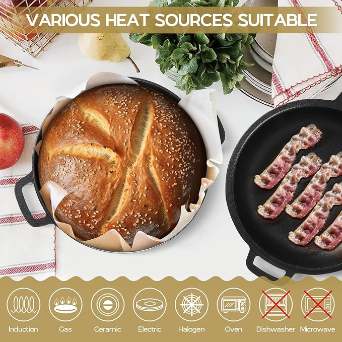 TeamFar 5qt Dutch Oven, Pre-seasoned Cast Iron for Bread Baking, Black | 2-in-1 Bread Pan with Skillet Lid, Oven & Stovetop Safe for Baking Frying Stewing Grilling, Home Use Or Outdoor Camping