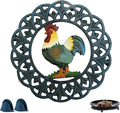 Cast Iron Rooster Trivet for Hot Dishes | Heat Resistant Metal, Rubber Pegs, 2 Pinch Mitts Included, Protects Countertop