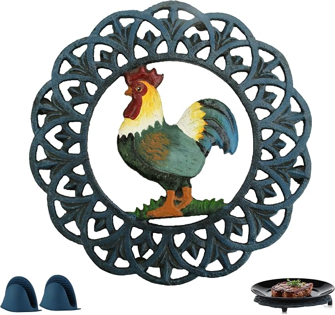 Cast Iron Rooster Trivet for Hot Dishes | Heat Resistant Metal, Rubber Pegs, 2 Pinch Mitts Included, Protects Countertop