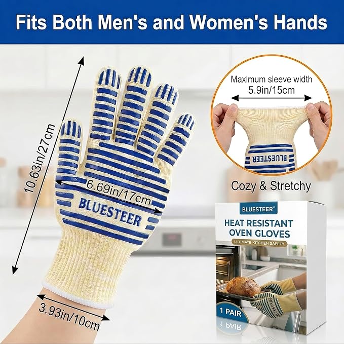 Oven Gloves, Heat Resistant 540 Degrees Grilling Gloves, Hot Surface Handler Non-Slip Silicone Oven Mitts with Fingers, BBQ Gloves for Cooking/Kitchen/Baking, Pack of 2