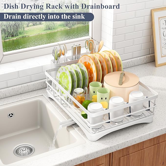 SAYZH Dish Drying Rack for Kitchen Counter with Utensil Holder, White | Stainless Steel, Large Capacity, Angled Drainboard, Rotating Spout, Removable to Clean