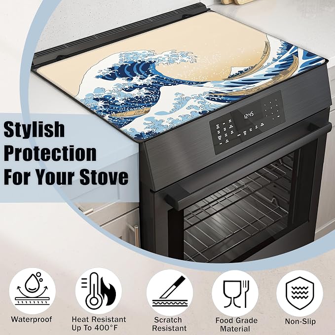 Japanese Wave Glass Top Stove Cover Protector,Vintage Stove Top Covers for Electric Stove,Washable Heat Resistant Cooktop Mat Anti-Slip Range Covers, 28 x 20 Inch