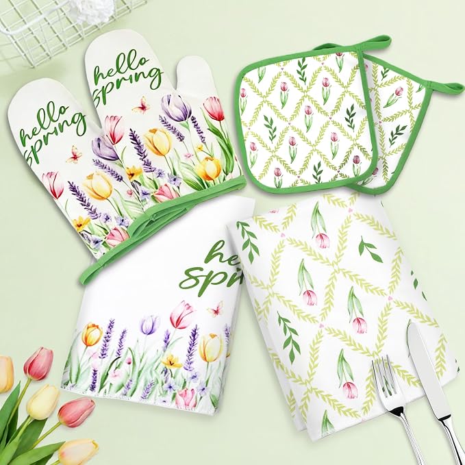 8 Pcs Tulip Floral Spring Style Kitchen Towels Oven Mitts Pot Holders Sets 4 Dish Towels 2 Absorbent Square Potholders 2 Heat Resistant Glove for Cooking Baking Home Mother’s Day Gifting ﻿