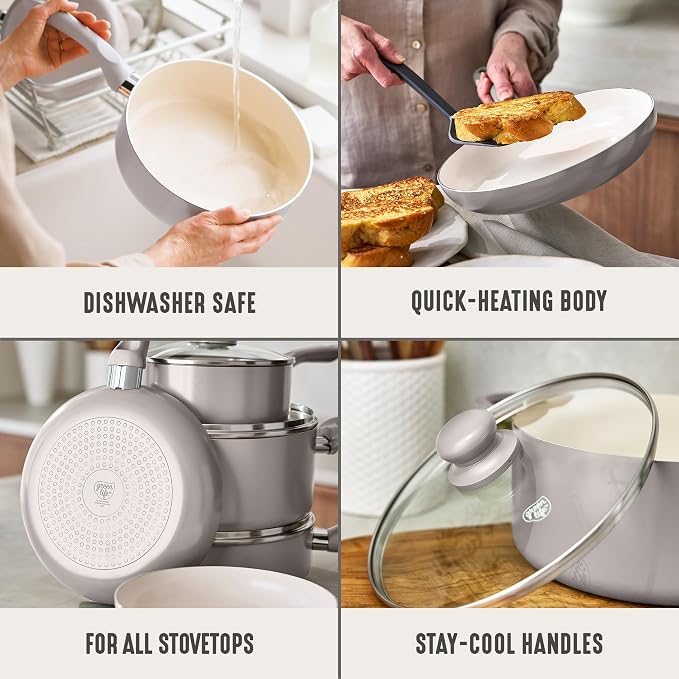 GreenLife 5QT Ceramic Nonstick Stockpot with Lid, Light Gray | PFAS-Free Nonstick Coating, Casserole Pot, Soup Pot, Pasta Pot, Induction Ready, All Stovetop Compatible, Dishwasher Safe