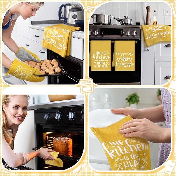 Sratte 6 Pcs Kitchen Decor Accessories Set, Yellow | Farmhouse Kitchen Towels Pot Holders Oven Mitts Set 2 Dish Towels 2 Potholders 2 Cooking Mittens for Baking Cooking Supply