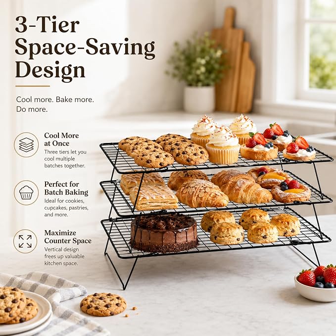 Cooling Rack 16"x10", 3-Tier Stackable & Collapsible Cooling Racks | Cooling Racks for Cooking and Baking, Roasting, Grilling, Oven & Dishwasher Safe (Black, 3-Tier)