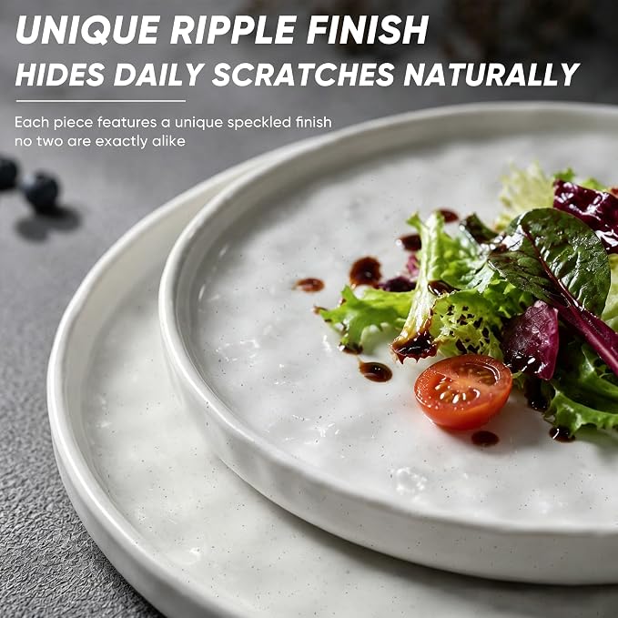 E-far Stoneware Dinnerware Set, 12-Piece White Plates and Bowls Sets for 4 | Modern Ripple Design Dishes Set for Kitchen Dining, Chip & Scratch Resistant, Microwave & Dishwasher Safe, Speckled White