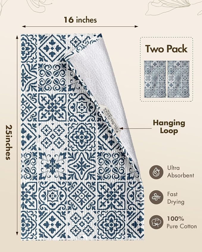 370GSM Cotton Waffle Kitchen Towels, Block Print | Pure Cotton, Sustainable, Waffle Weave, Terry Cloth, Highly Absorbent, Decorative, 16"x25", with Hanging Loop