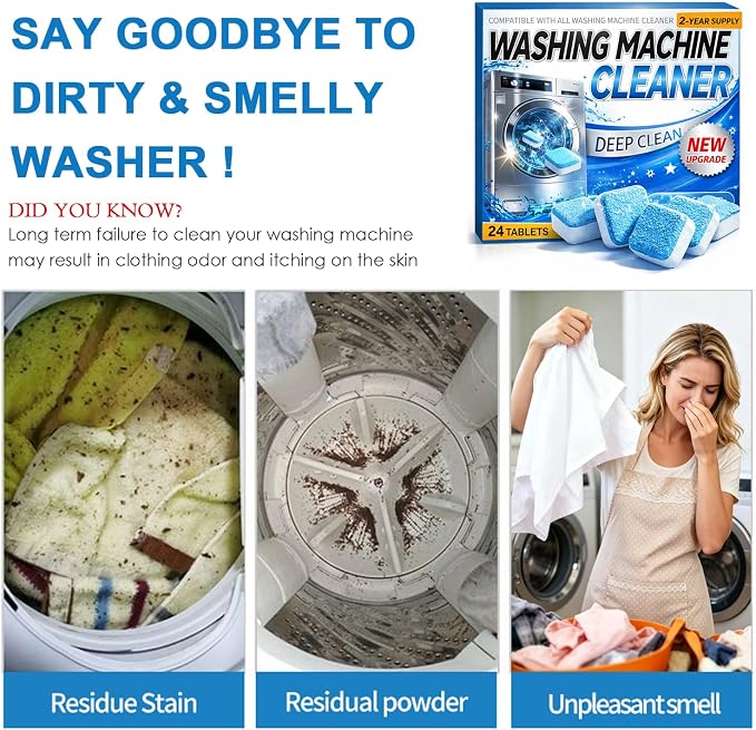 Enzyme Washing Machine Cleaner Tablets (24 Pack) – Protease Laundry Machine Cleaner Descaler for HE, Front Load & Top Load Washer, Deep Clean, Removes Odor, Fur, Residue & Buildup (2-Year Supply)