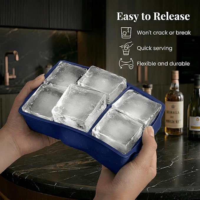 KitchFort® Large Silicone Ice Cube Tray (3-Pack) - 2" Big Ice Mold with Lid | Easy Release, Cocktail, Whiskey Ice Cubes Mold - Food Grade - Ice Cube Trays for Freezer - Stackable Silicone Ice Tray