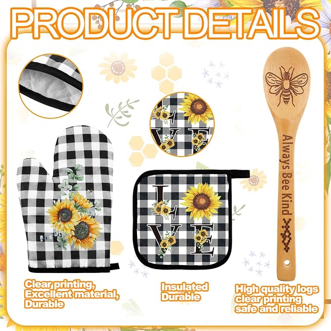 13 Pcs Sunflower Kitchen Set Sunshine Farmhouse Kitchen Decor Rustic Sunflower Dish Towels Retro Yellow Apron Oven Mitts and Pot Holders with Cute Wooden Tableware Set for Home