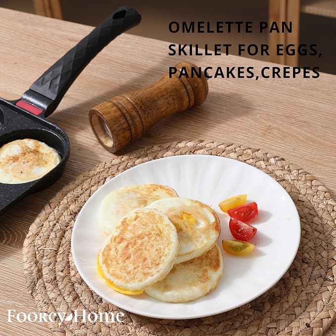 4-Cup Nonstick Egg Frying Pan Gas & Induction Omelette Skillet | Black 4-hole non stick egg pan with 1 spatula and 1 brush. Perfect for morning pancakes, bacon, and quick breakfast.