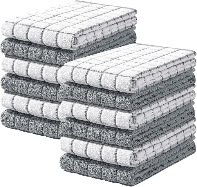 Homaxy Large Premium Cotton Kitchen Towels 16"x 28", 12 Pack, Grey | Natural Ring Spun 390 GSM Dish Towels, Super Absorbent Terry Kitchen Hand Towels, Soft Tea Towels with Hanging Loop