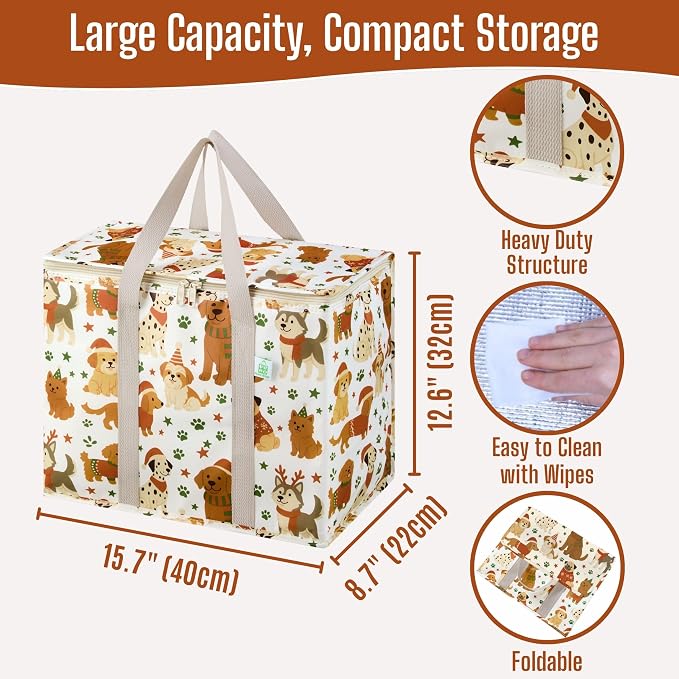 VENO 2 Pack Insulated Cooler Bag for Food Delivery, Reusable Grocery Bag | Heavy Duty Large Collapsible Cooler Shopping Tote w/ Zippers, Foldable, Stands Upright for Camping (Holiday Pups, 2 Pack)